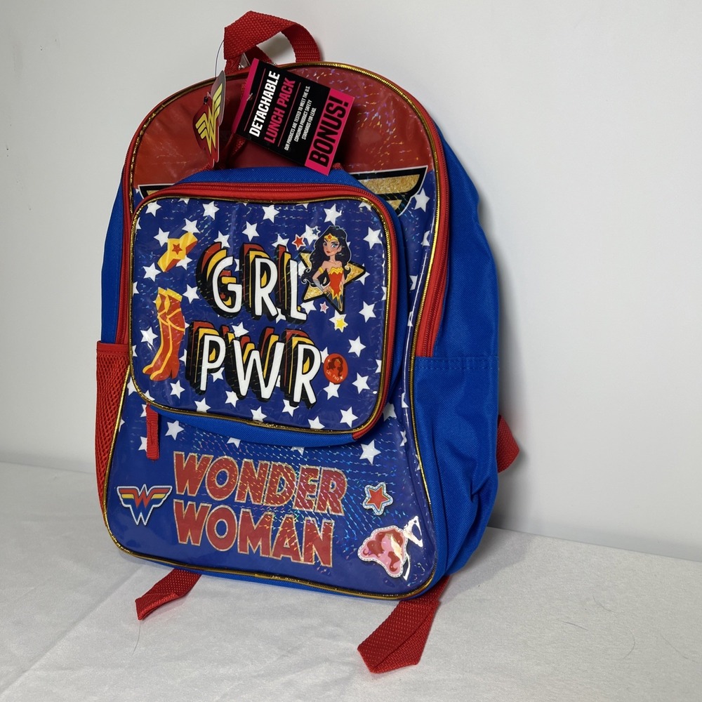 NWT DC Comics: Wonder Woman - "GRL PWR" Stars Backpack with Lunchbox - Bioworld - Picture 2 of 12